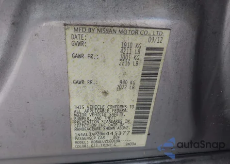 2013 Nissan Altima 2.5 Sv из США, поврежденный, VIN 1N4AL3AP2DN445377